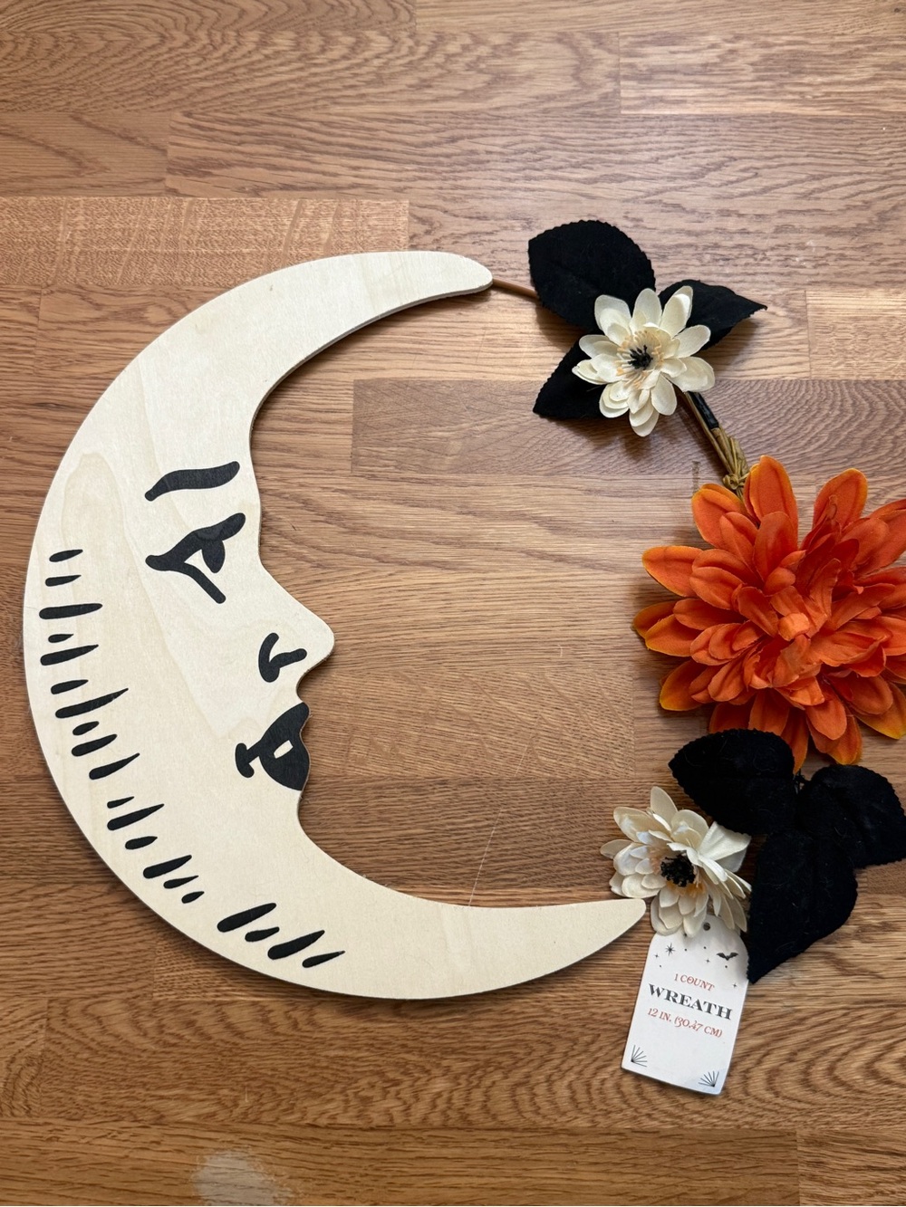 Wooden Crescent Moon Wreath with Orange Flowers